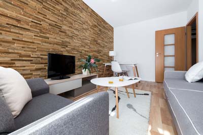 Apartment interior with wall panels longest side 
