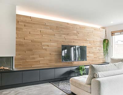 Oak 3d wall behind tv black sideboard