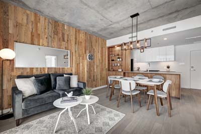 Reclaimed wood planks in apartment interior 