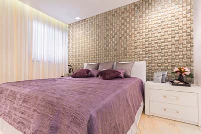 Violet bedroom interior with wall panels 