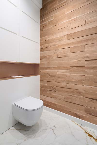 bathroom interior with wall panels and mirror 