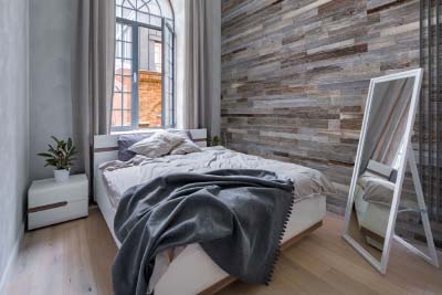 wall panels grey color in bedroom interior 