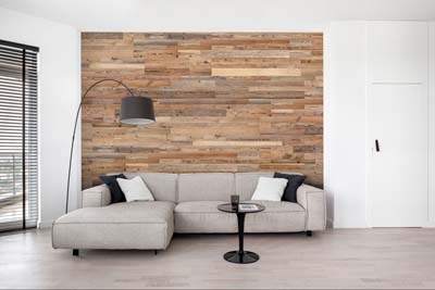 wooden wall panels on wall behind couch 
