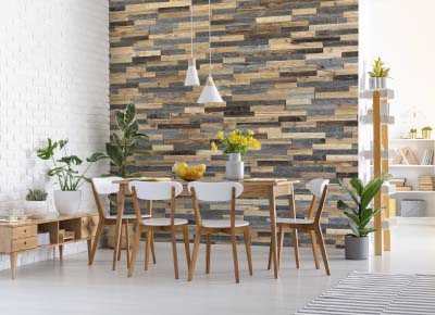 Bright interior with wood panels brick wall 