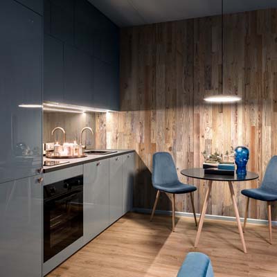 Kitchen interior with reclaimed wood boards 2021 