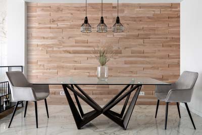 Luxury dining room with 3d oak wall panels 