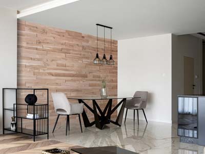 Luxury dining room with 3d oak wall panels 