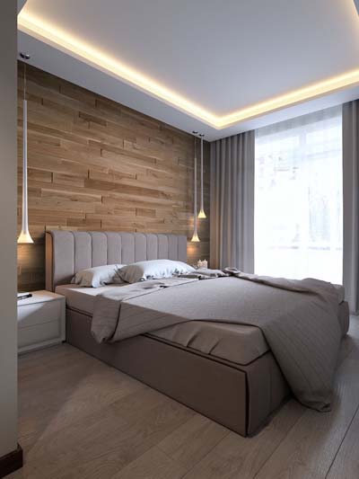 Modern bedroom interior with 3d wall panels 