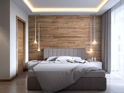 Modern bedroom interior with 3d wall panels 