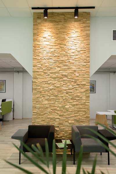 Office interior walls with oak panels 