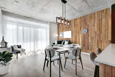Reclaimed wood planks in apartment interior 