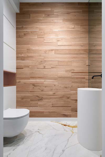 bathroom interior with wall panels and mirror 