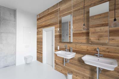 Bathroom walls covered with boards