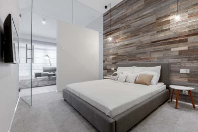 reclaimed wood boards in bedroom interior 