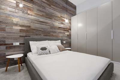 reclaimed wood boards in bedroom interior 