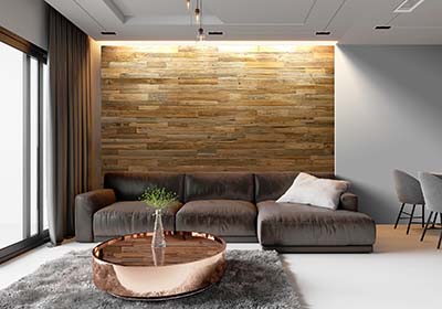 reclaimed wood panels in modern interior with copper table