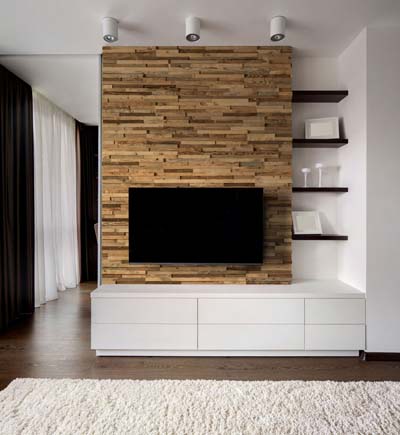 tv and sofa wall reclaimed wood 