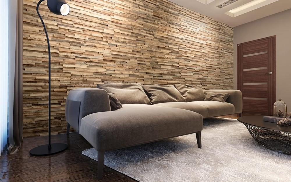 Reclaimed wood accent wall with a taupe modular sofa and floor lamp