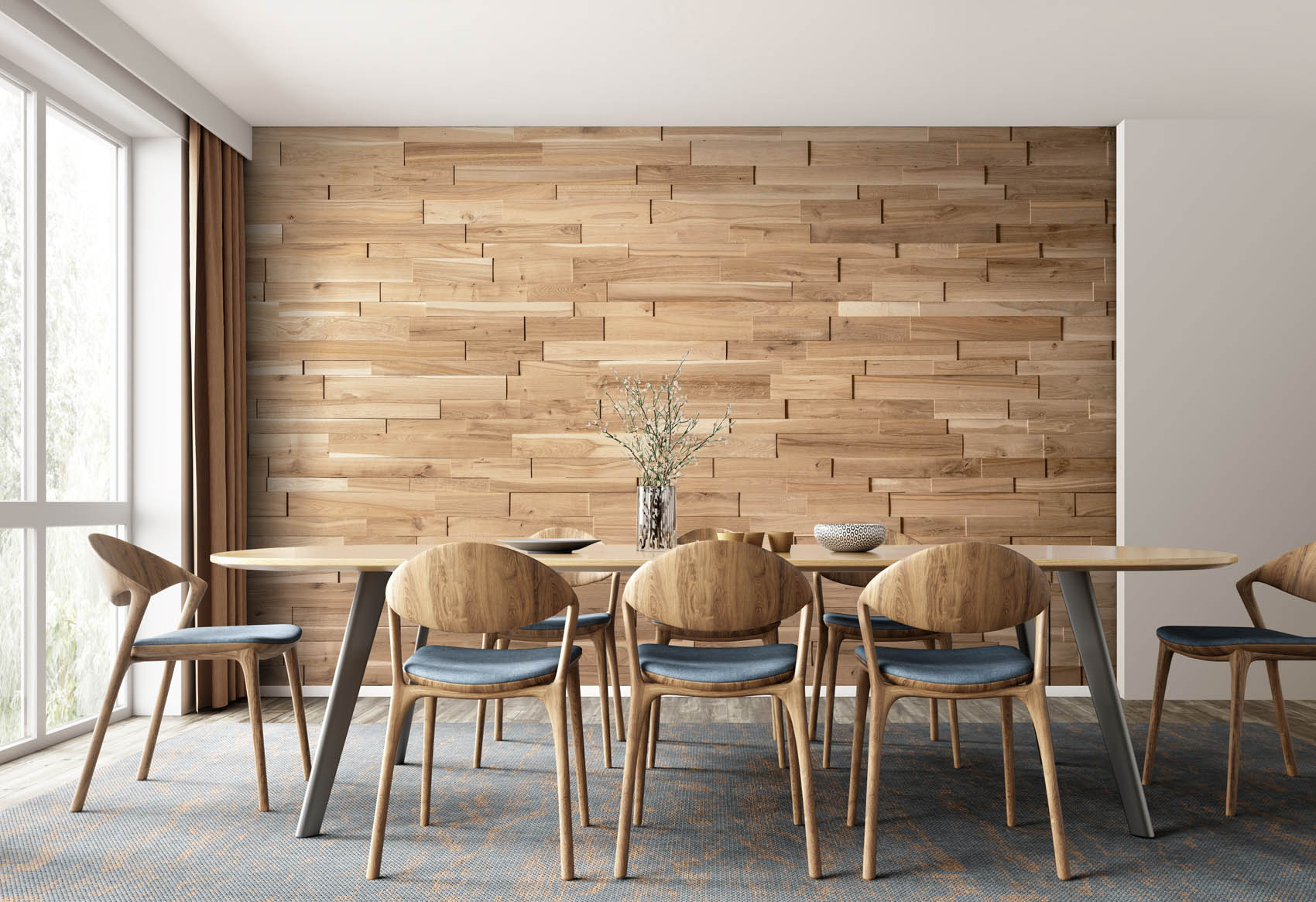 Rustic oak wall panel used in dining room