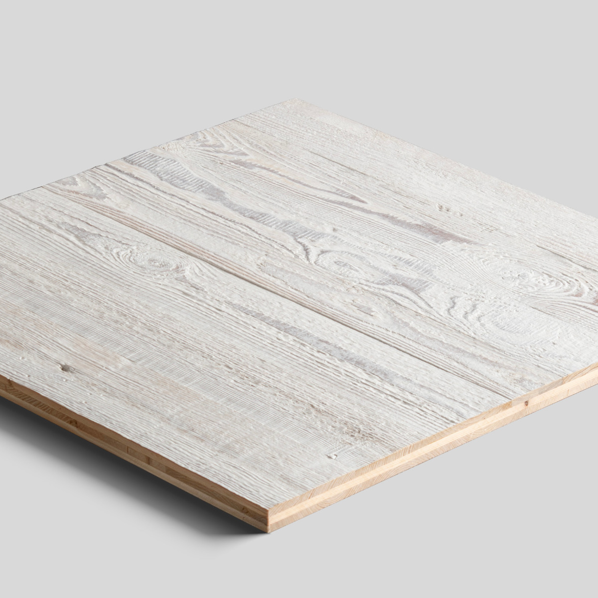 Three-layer panel: white-wash reclaimed wood