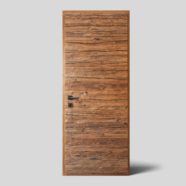 Interior door made from weathered hand-hewn reclaimed wood