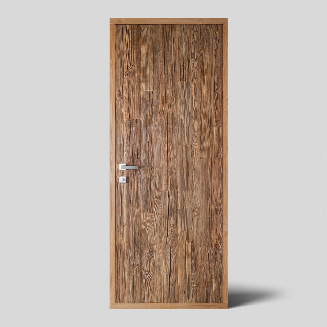 Reclaimed wood door with a weathered hand-hewn surface