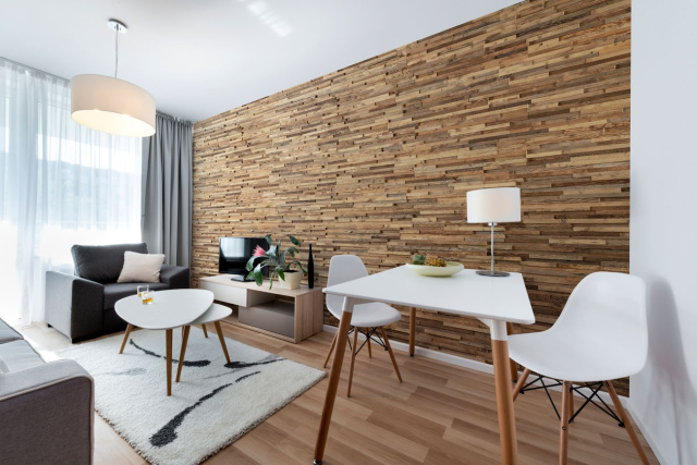 3d wall panel made of brushed reclaimed wood A priori used in Living Room