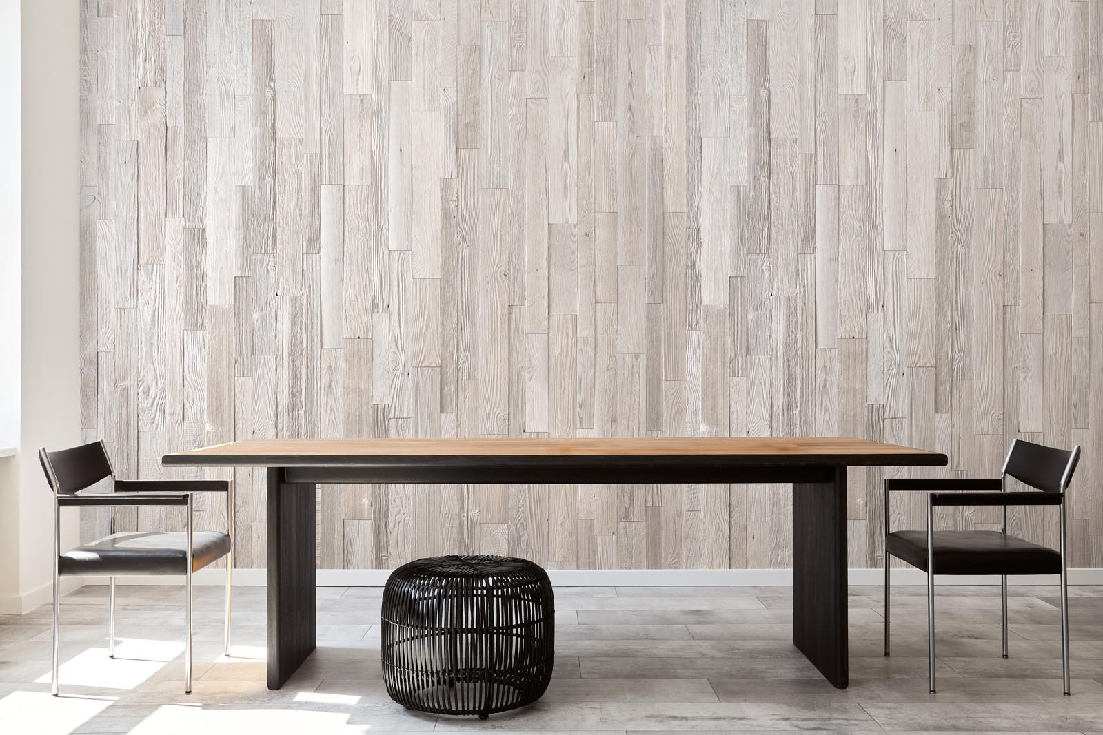 wall covering made from reclaimed wood with whitewash finish MasK used in Dining Room