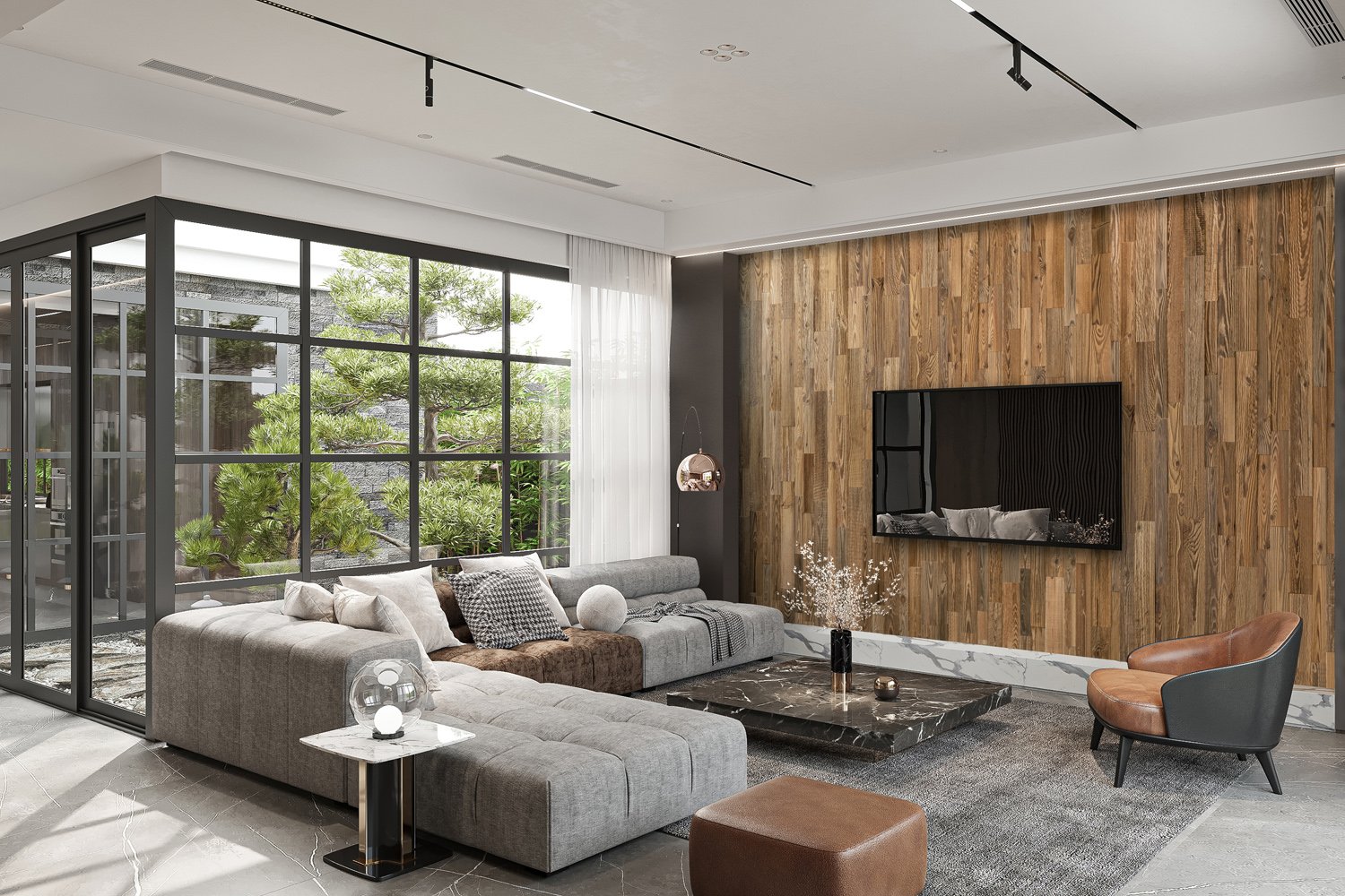 Echtholz-Wandpaneele in einem modernen Wohnzimmer mit TV