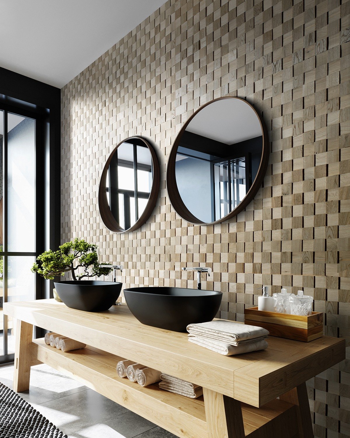 Real wood 3D wall panels in a modern bathroom with two round mirrors